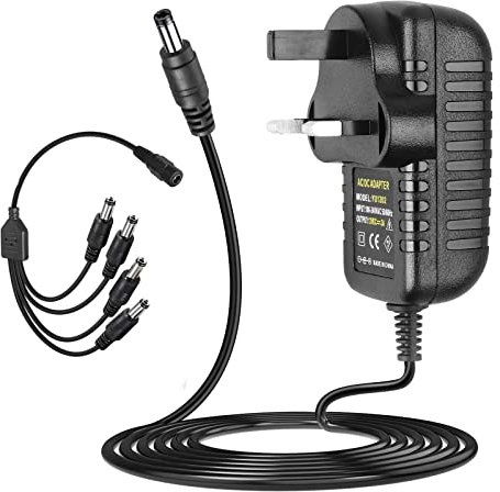 12V 2A Power Supply Adapter 24W With 4 Way Splitter Cable, 12 Volt 2 Amp 24 Watt 2000mA Transformer Charger 4-Way For Security CCTV Cameras DVR NVR LED Strip Light