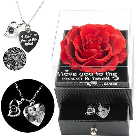 Eliphs Personalised Preserved Real Rose Eternal Photo engraved Pendent, Gift Box Forever Rose Gifts for Her Girlfriend Mother Valentine's Day, Mother's Day (Text Engraved Only)