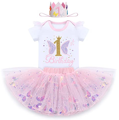 IBAKOM Ensemble Bébé Fille 1er anniversaire Cake Smash Robe bodysuit manches courtes avec paillettes papillons + jupe tutu en tulle + couronne 3 pièces Rose clair 1 an