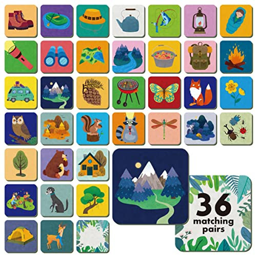 Hebayy Memory-Matching-Spiel, 72 Camping-Themen-Matching-Karten für Kleinkinder 36 Designs Memory Cards Lernspielzeug für Vorschule 4 5 6 Jahre alt
