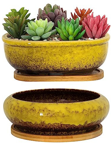 ARTKETTY Sukkulententententöpfe, Keramik-Sukkulenten-Übertöpfe mit Drainage-Bambus-Tablett, 1 rechteckiger Blumentopf + 1 runder Blumentopf für den Innenbereich, Kakteen, Bonsai-Pflanzen, Zuhause