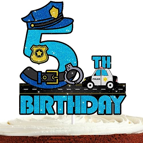Police Cake Topper for Boys Girls 5th Happy Birthday Police Car Lights Sign Theme Party Decorations Supplies Glitter Blue Sheriff Police 5 Years Old Cake Decorations