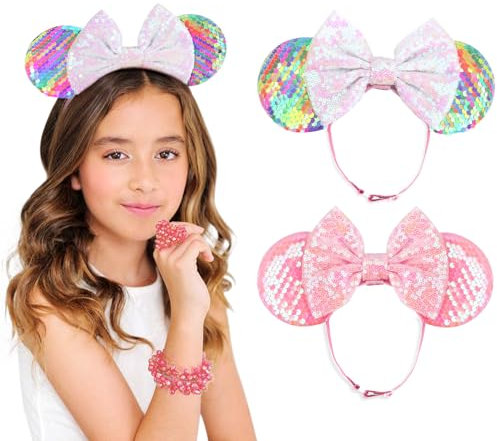 DRESHOW Minnie Oreilles Bandeaux Souris Oreilles Paillettes Arc Bandeaux Ajustable élastique Bandeau Paillettes Fête Décoration Costume Cosplay pour Femmes