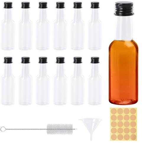 Chstarina 12 Piezas Mini Botellas de Licor, 50ml Botellas de Plástico Transparente, Botellas Vacías Reutilizables con Tapa de Rosca,Embudo, Cepillo y Pegatina, Botellitas Pequeñas para Bodas y Fiestas
