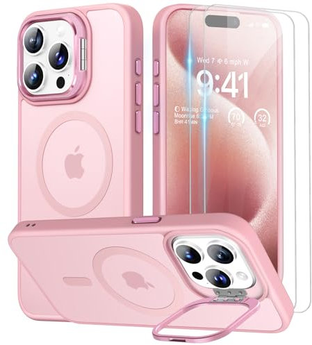 Beeasy for iPhone 15 Pro Case MagSafe Phone Case with 2 Screen Protectors and Stand, Military Shockproof Protective Slim Cover, Case for iPhone 15 Pro 6.1 Inch, Translucent Pink