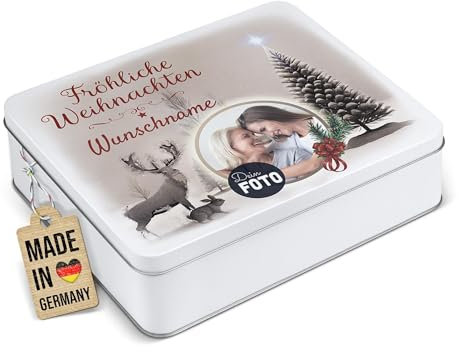 PR Print Royal Geschenkdose zu Weihnachten - Fröhliche Weihnachten - mit Foto & Name - Keksdose, Aufbewahrungsdose, Weihnachtsgeschenke | Rechteckig weiß, 1500 ml