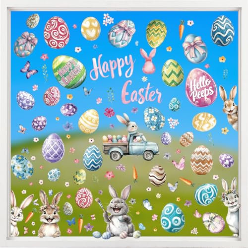 Aquarell Fensterbilder Ostern Selbstklebend, 9 Blätter Fenstersticker Ostern Hasen Ostereier, Osterdeko Fenster Aufkleber Wiederverwendbar für Fensterdeko Kinderzimmer