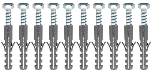 Lot de 10 chevilles de fixation murale en nylon M10 x 50 mm + vis tire-fond robustes plaquées zinc avec tête hexagonale de 13 mm, boulon en acier, kit de vis murales de maçonnerie pour supports TV