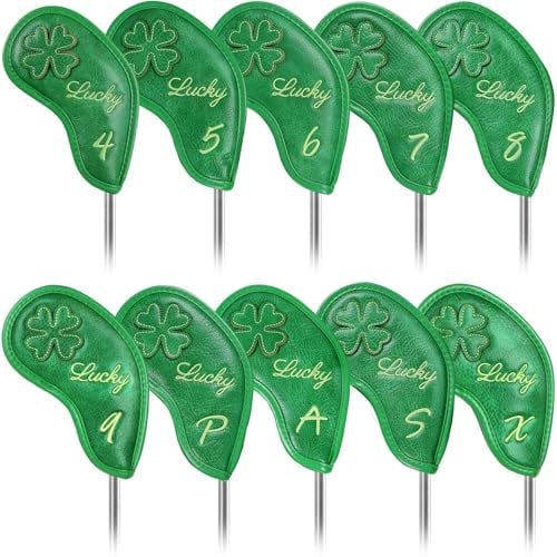 Golf Iron Club Head Covers Magnetic 10pcs 4-9,P,A,S,X Right Hand Green PU Leather Clover