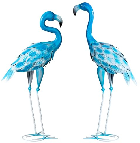 Velibobo 2 Stück Blau Flamingo Yard Kunst Statuen, Metall Flamingo Garten Skulpturen für Außenbereich Haus Terrasse Rasen Hinterhof Dekor