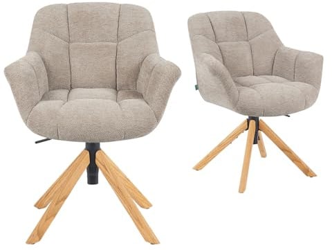 DUBI Möbel 2er Set Esszimmerstühle höhenverstellbar, Bürostühle & Konferenzstühle, 360° drehbar mit Taschenfederkern, ergonomisch gepolstert, Eichegestell, Stoff Greige, Modell Mika-Iven