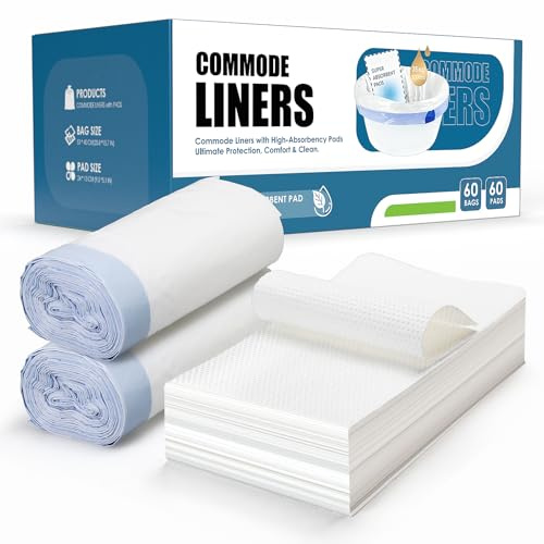 60 Pack Commode Liners with 60 Absorbent Pads – Leak-Proof Bedside Toilet Bags with Drawstring, Universal Fit for Commode Chairs & Portable Toilets – Odour-Free Cleanup