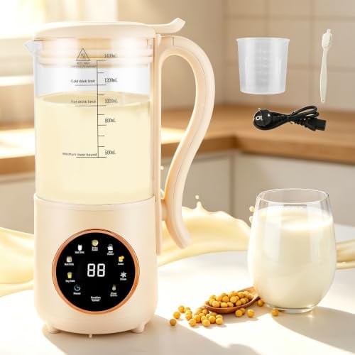 Machine à Lait Végétal 1400ml, Machine à Lait de Soja avec 16 Lames & 9 Programmes, Machine à Lait d'Avoine Amandé, Préparation de Boissons Végétales, Nettoyage Automatique et Minuterie