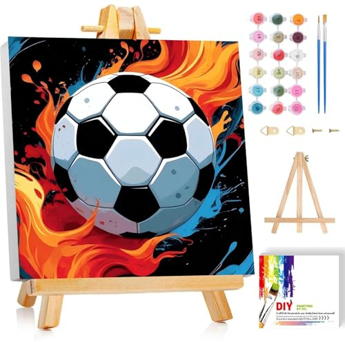 Xobers art Fußball Malen Nach Zahlen Kinder mit Rahmen, Fußball Malen Nach Zahlen Kinder ab 5 6 7 8 9 10 Jahre, Malset mit Staffelei, Pinsel und Acrylfarben, Geschenk für Mädchen und Jungen - 20X20cm