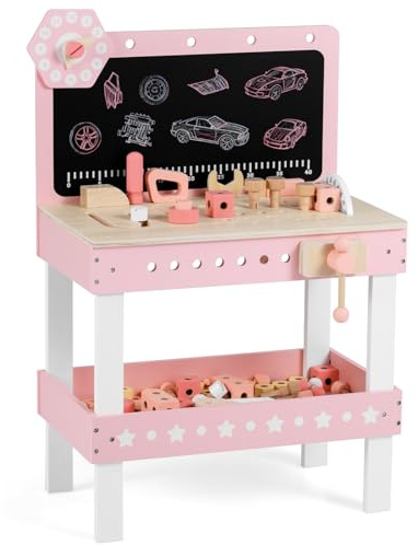 Maxmass Kids Workbench, Pretend Play Tool Bench Set with Blackboard, Storage Shelf, Accessories, Tool & Parts Set, Wooden Construction Toy for Boys Girls 3+ Years Old(75 PCS:50x29x73cm, Pink)
