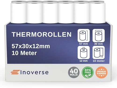 Inoverse Thermorollen 57x30x12 mm, 10m 40 Rollen, EC Rollen Thermopapier | BPA-frei Kassenrollen, EC-Cash Bonrollen, für EC-Geräte und Kartenterminals, für Bankomat und Kassensysteme, Kassenbon Rolle