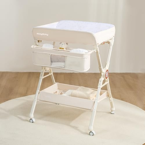 Maydolly Wickeltisch klappbar & höhenverstellbar, mobiler Wickeltisch mit Rollen, wasserdichte und leicht zu reinigende Wickelauflage, platzsparende Wickelkommode mit Ablagefächern – Beige