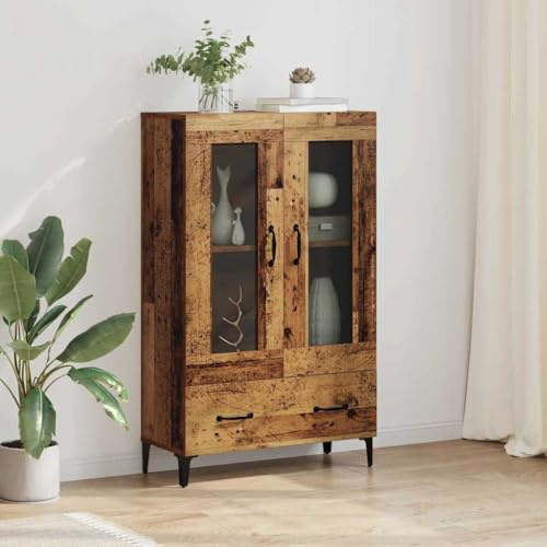 HETFTJN Highboard 70×31×115 cm Holz/Eisen, Glastüren, Schublade, 60 kg, Industrial-Style Sideboard