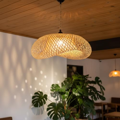 BARCELONA LED Lampada a Sospensione in Vimini Artigianale Grande, Stile Naturale, Nordico, Giapponese e Rustico, Effetto Pietra, Industriale e Classico, Lampadina E27 Regolabile per Soggiorno e Camera