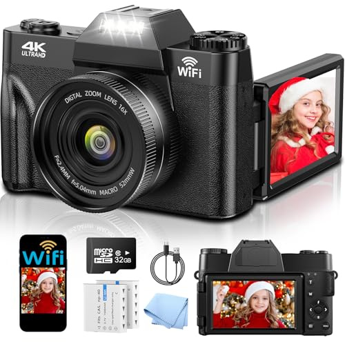 4K Digital Camera with WIFI, 75MP UHD Compact Cameras, 3 Inch 180° Flip Screen 16X Digital Zoom Autofocus Rechargeable Vlogging Camera with 32GB Card & 2 1500mAh Batteries for Beginners Teenagers