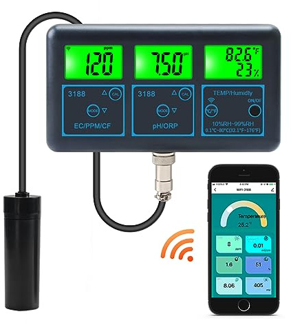 MNMIOIO Boden-PH-Tester, PH Meter Temp TDS (ppm) EC ORP Wasser Tester Tuya APP Smart Monitor Digital Analysator for Aquarien Hydrokultur Schwimmbad(0)