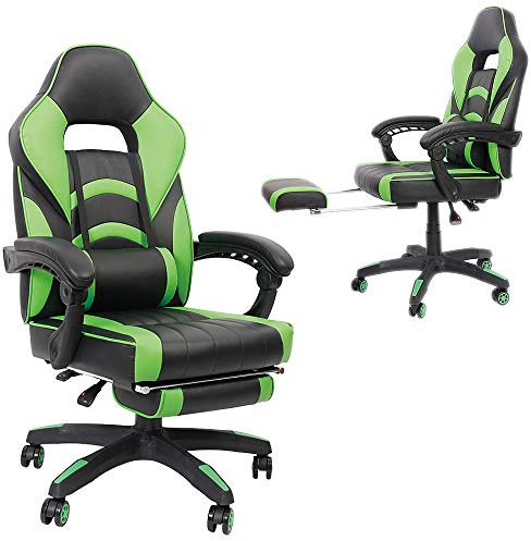 Mucola Gaming Stuhl Bürostuhl Schreibtischstuhl Racing 150 kg belastbar | Gamingstuhl Gaming Chair 140° neigbar Wippfunktion höhenverstellbar | PC Stuhl Drehstuhl mit Lordosenstütze Grün/Schwarz