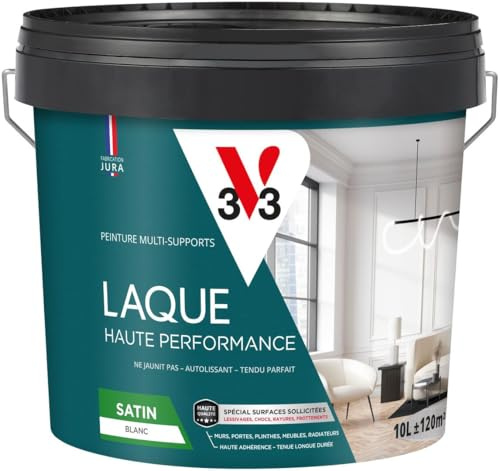V33 - Laque Haute Performance - Peinture blanche multi-supports - Peinture Intérieure & Extérieure - Haute Résistance aux Chocs & Taches - Haute Adhérence - Blanc Eclatant - Autolissant - Satin - 10L