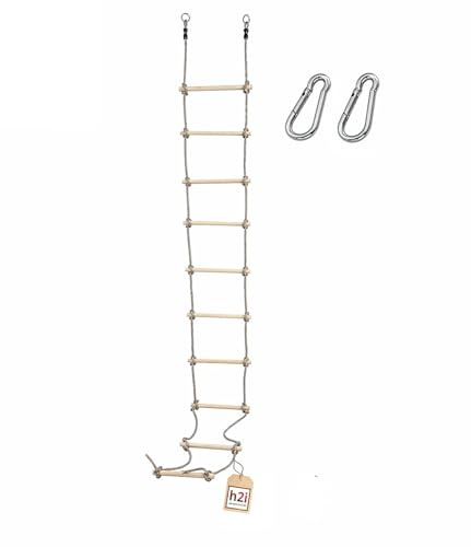 h2i Strickleiter - Länge 180 cm – Kletterleiter mit 5 Holzsprossen – Hängeleiter aus Holz + Karabiner für Garten & Konstruktionen (10)