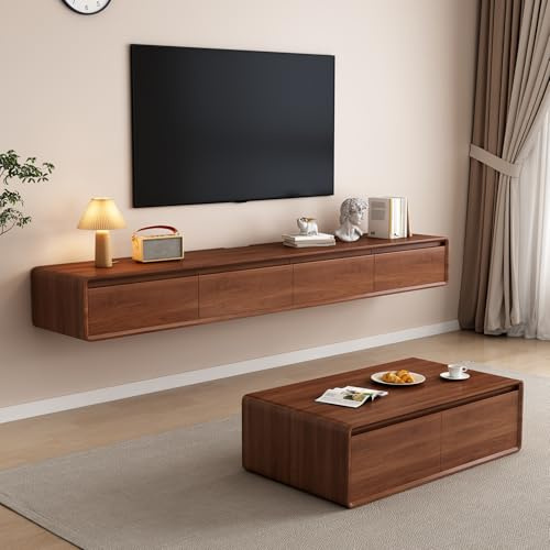 LVRUIEDS Floating TV Unit - Wall Mounted Media Console with 2 Flip-Down Doors & 2 Drawers Entertainment Center TV Cabinet, Video Shelf for Home Room (Walnut, 160CM)
