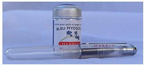 J Herbin Transparent roller ball pen and tin of 6 Blue, Bleu Myosotis ink cartridge refills