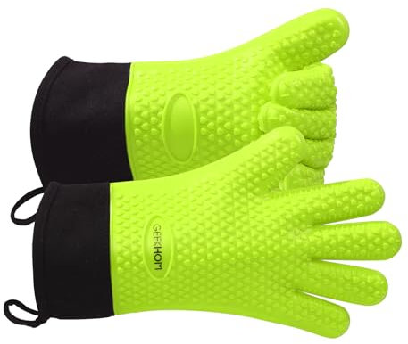 GEEKHOM Silicone Oven Gloves Heat Resistant Silicone Oven Mitts BBQ Gloves Waterproof Kitchen Gloves for Barbecue Grilling Weber Microwave, Non-Slip Oven Gloves with Fingers, Green