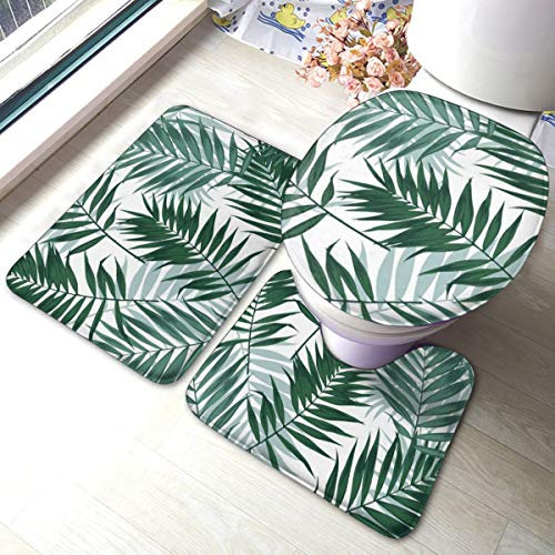 Meiya-Design Tropical Jungle Seamless Pattern With Palm Leaves Bathroom Rug Mats Set 3 Piece - Soft Shower Bath Rugs - Contour Mat and Toilet Lid Cover - Perfect Combination of Luxury and Comfort