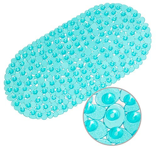 WELTRXE Kieselstein-Badematte, oval, rutschfest, mit Saugnäpfen, Abflusslöchern für Badezimmerduschen, Badewanne, maschinenwaschbar, BPA, latexfrei, sichere Duschmatten, 68,6 x 35,6 cm, Blaugrün