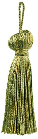 Borla pequeña campana de 7,5 cm con lazo de 7,5 cm. Borla decorativa para manualidades (BT3-RN), verde limón, multicolor #PR12 (verde claro, verde amarillo, oro amarillo), se vende individualmente