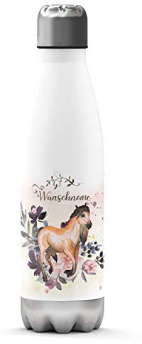 Sunnywall Premium Edelstahl-Thermosflasche Pferde mit Wunschnamen individuell personalisiert kalt & heiß Thermoskanne Isolierflasche Trinkflasche Wasserflasche Campingflasche (Palomo Pferd Floral)