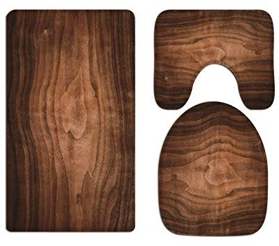 A.Monamour Badezimmer Badematte 3 Teilig Set Braune Walnussholz Textur Hintergrund Flanell WC Toilette Deckel Deckt Bad Matte Teppich Badteppiche Badvorleger Badgarnitur Vorleger