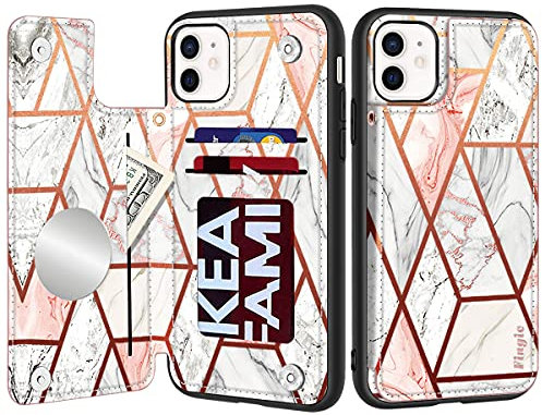 Fingic for iPhone 11 Case [With Makeup Mirror 3 Card Holder] Marble PU Leather Flip Folio Magnetic Closure Antiscratch Full Protective Cover with Wrist Strap,iPhone 11 Wallet Case for Women,6.1'',2019