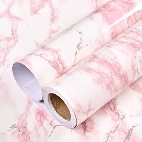Glossy White/Pink Marble Contact Paper for Countertop Granite Wallpaper 15.8×197 Marble Peel and Stick Wallpaper Self-Adhesive Removable Wallpaper of Kitchen Waterproof Easy to Clean Vinyl Film Roll