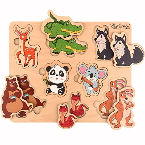 PikatoyZ® Kinderpuzzle ab 1, 2 und 3 Jahre – Montessori Lernspiel mit Waldtieren – Holzpuzzle Steckspiel für Jungen und Mädchen – Geschenkidee für Kinder