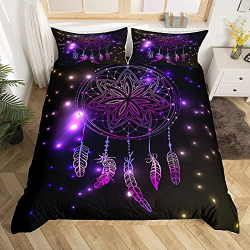Homemissing Traumfänger Bettbezug Set Boho Mandala Bettwäsche Set 2 Stück für Mädchen Erwachsene Lila Dream Catcher Bettwäsche 200x200cm Weicher Polyester Tagesdecke mit 2 Kissenbezug 80x80cm