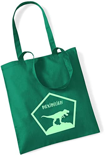 Stofftasche Dinosaurier T-Rex personalisiert | mit Namen bedruckter Jutebeutel Stoffbeutel für Jungen | Dino-Design Kinder-Tasche Schule, KiTa (dunkelgrün)
