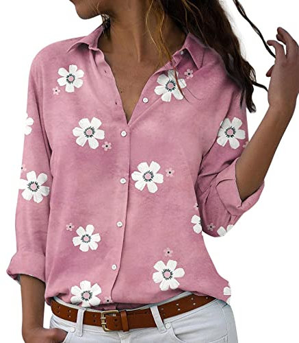 Blusa y Camisas de Manga Larga Para Mujer con Cuello en V, Camiseta de Estilo Casual Elegante Ajustada Irregular Oversized Deportiva Fiesta Rayas Túnica Tops Mangas Enrolladas con Botones(K Rosa,M)