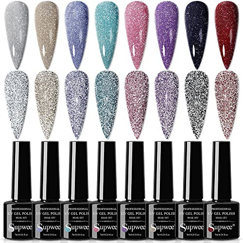 SUPWEE 8 Colours Reflective Gel Nail Polish Set Glitter Holographic Nail Polish Shiny Disco Gel Polish Soak Off UV Manicure Kit for Profession and Starter DIY at Home