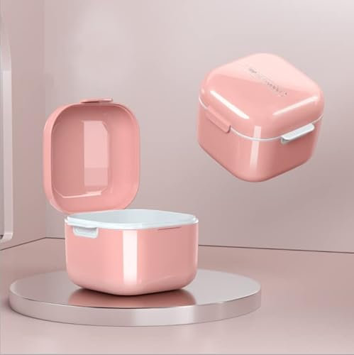 Zahnprothesenbox mit Sieb, tragbarer Behälter für falsche Zähne, hygienischer Zahnprothesenbehälter für die Aufbewahrung und das Eintauchen von Mundschutz-Halterungen und Zahngeräten (Rosa)
