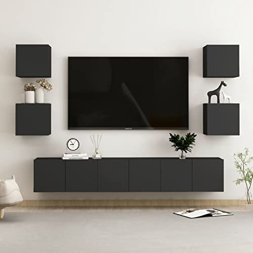 Yongdu 7-TLG. TV-Schrank-Set, Wohnwand, Anbauwand, Schrankwand für Wohnzimmer, Schwarz Holzwerkstoff