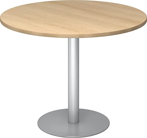 bümö Besprechungstisch, Esstisch klein, Tisch rund 100 cm - Kleiner Esstisch Eiche, Rundtisch Esstisch 2 Personen mit Holz-Platte, Säule aus Metall in Silber, Konferenztisch, Bistrotisch