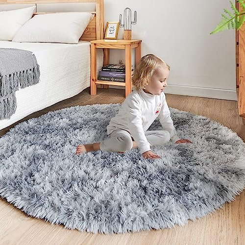 ROHATIM Rund Teppich Flauschig, Plüschteppich für Schlafzimmer & Wohnzimmer, Weicher Kinderteppich Mädchen, Moderner Kuscheltteppich Hellgrau, 120 x 120 cm