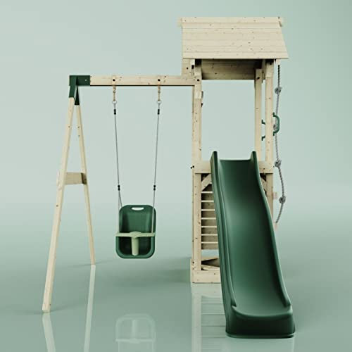 Rebo Spielturm mit Wellenrutsche und Baby-Schaukel | Outdoor Klettergerüst Garten | Kletterseil und Kletterleiter | Stabile Konstruktion, Weiches Gefühl in den Seilen