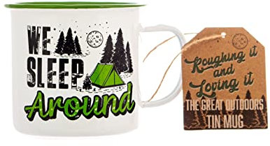 Boxer Gifts 'We Sleep Around' Enamel Tin Camping Mug | Fun Portable Shatterproof Travel Mugs for Campervan Motorhome Caravan | Novelty Outdoor Camper Gift for Men & Women