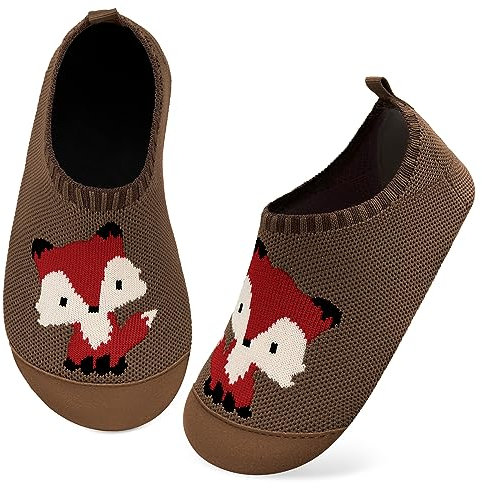 Kyopp Hausschuhe Kinder Junge Mädchen Pantoffeln Atmungsaktive Rutschfest Weich Barfussschuhe für Lauflernschuhe Kleinkinder Schuhe Kindergarten Unisex (Fuchs Dunkle Kaffeefarbe 24/25EU)